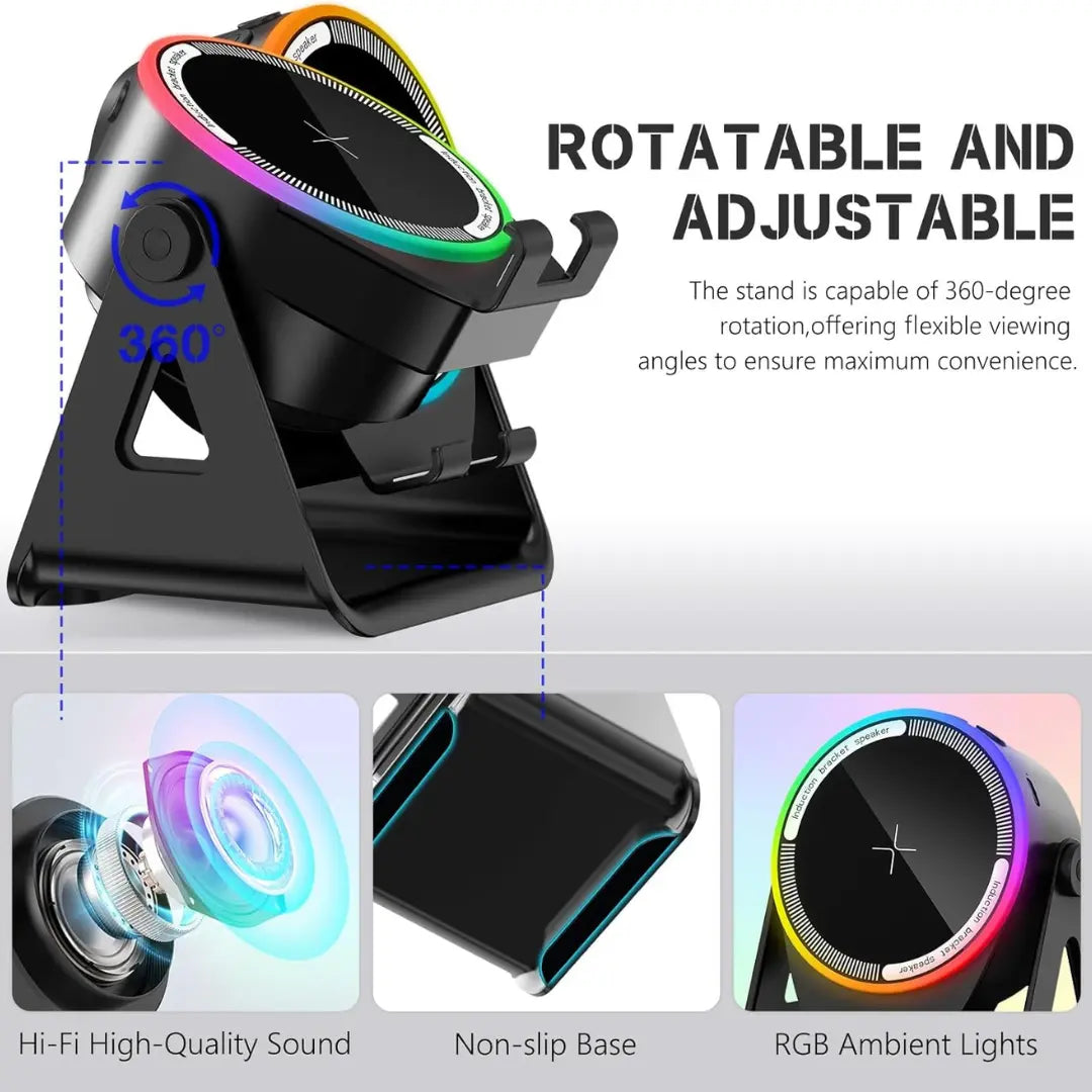 4-in-1 Wireless Induction Speaker with GB LRights & Phone Stand | 360° Rotating Design