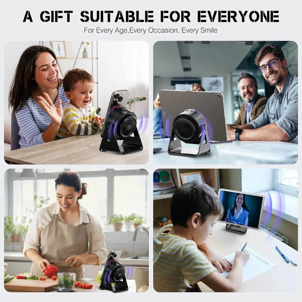 4-in-1 Wireless Induction Speaker with GB LRights & Phone Stand | 360° Rotating Design