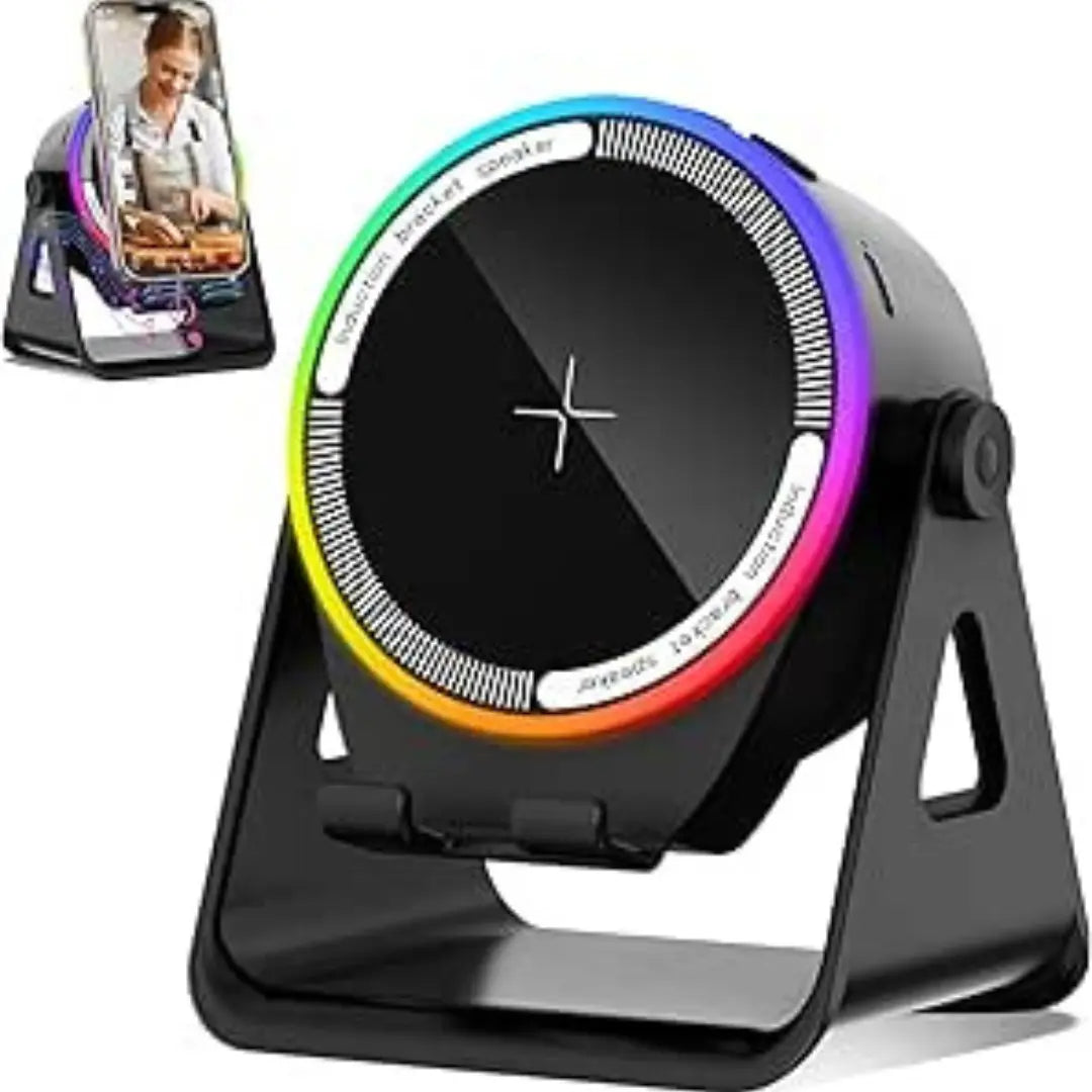 4-in-1 Wireless Induction Speaker with GB LRights & Phone Stand | 360° Rotating Design